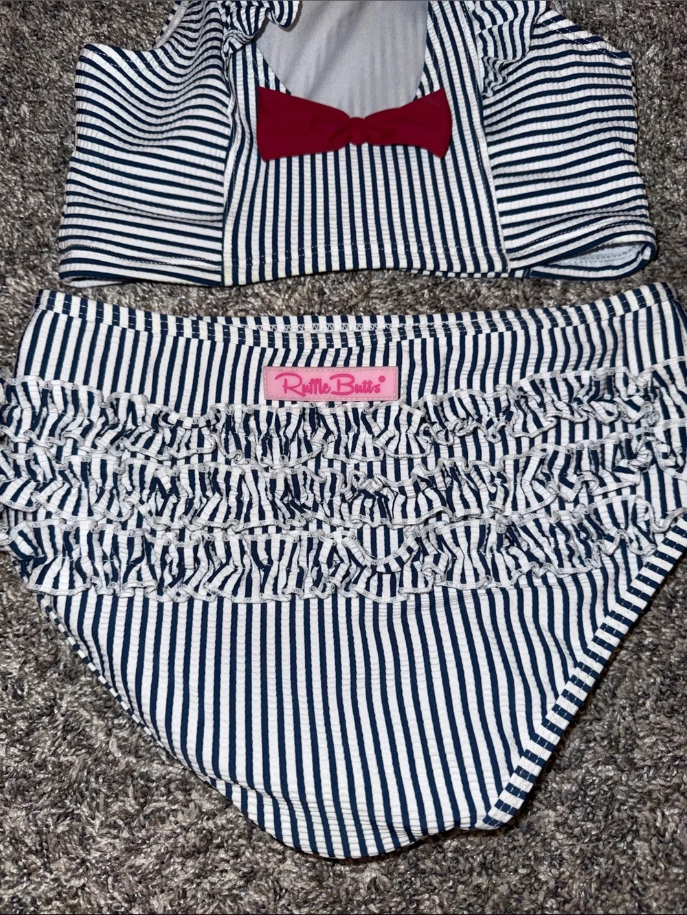 Girls Striped Ruffle Butts  Bikini Set - Navy and White size 10